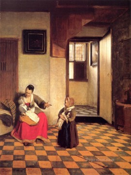 ピーテル・デ・ホーホ Painting - 膝に赤ん坊と小さな子供を持つ女性 ジャンル ピーテル・デ・ホーホ
